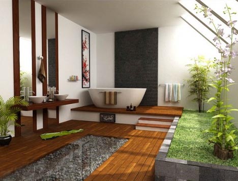 Interior Design Bedroom on Nature Green Bathroom With Plants Wooden Floors Sinks Natural Ceiling