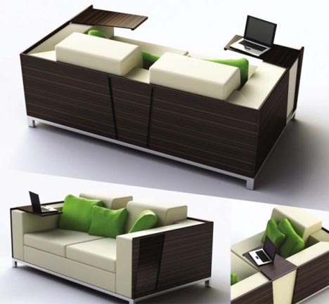 Flip-Open Sofa Shelves: Combined Couch &amp; Desk Design