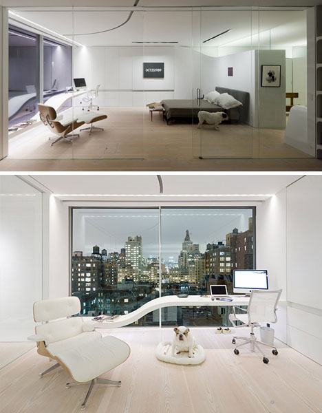 Inredning, arkitektur, design på Heyhome - Ett otroligt snyggt sovrum och kontor med Eames fåtöljen i vitt skinn