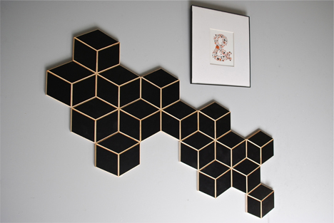 black hexagon wood tiles display