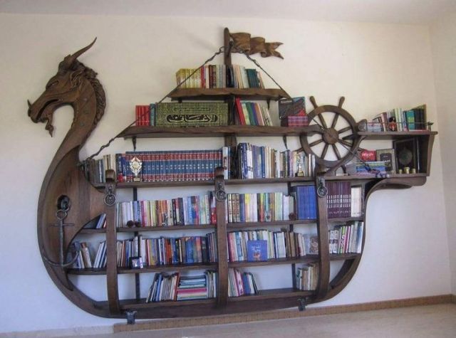 custom bookshelf viking ship fantasy