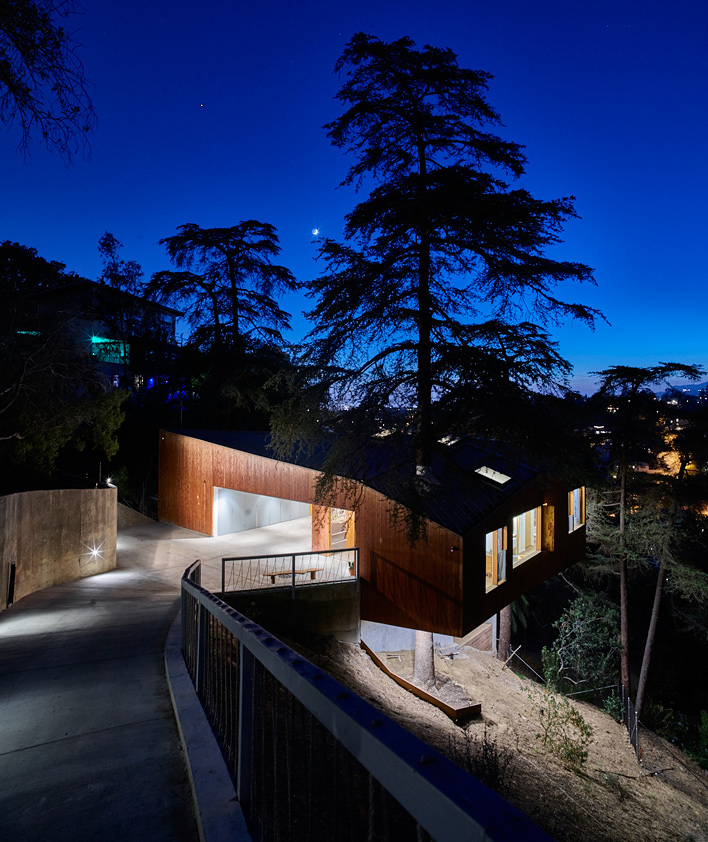 cantilevered home at night