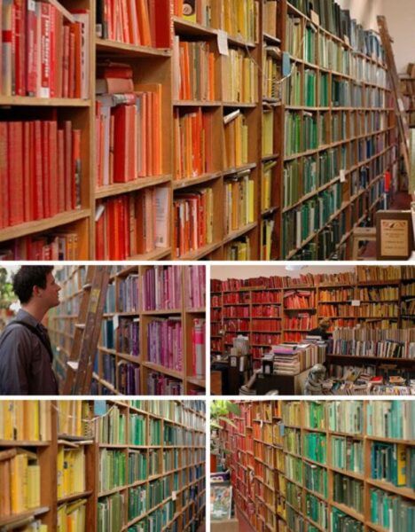 color organized bookshelves