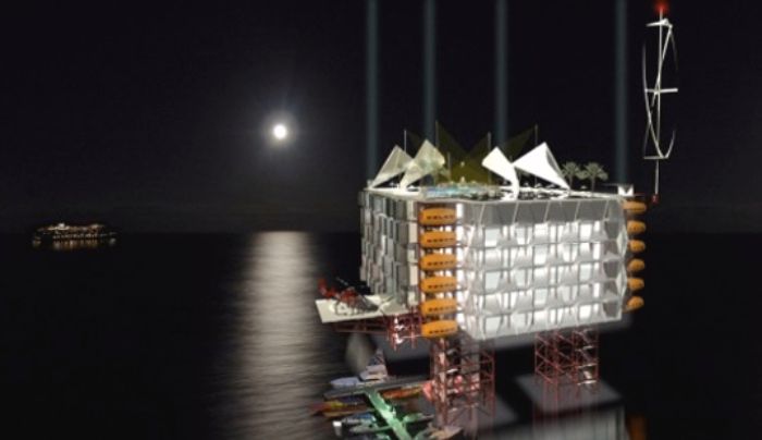 Morris Architects oil rigs hotel at night