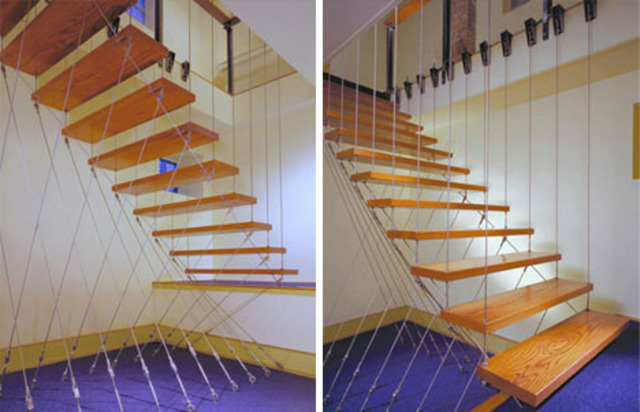 hanging wire and wood stairs