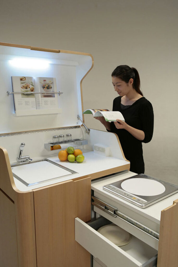 Foldable rooms in boxes by Toshihiko suzuki kitchen