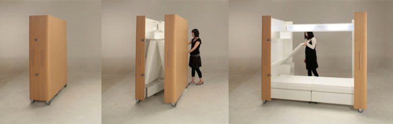 Foldable rooms in boxes by Toshihiko suzuki unfolding