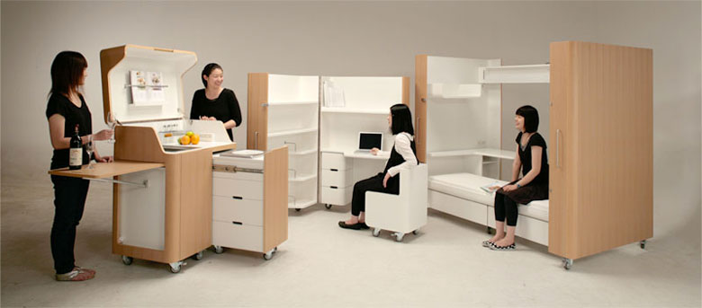 Foldable rooms in boxes by Toshihiko suzuki