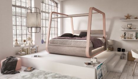 Modern bed in stylish pale wood