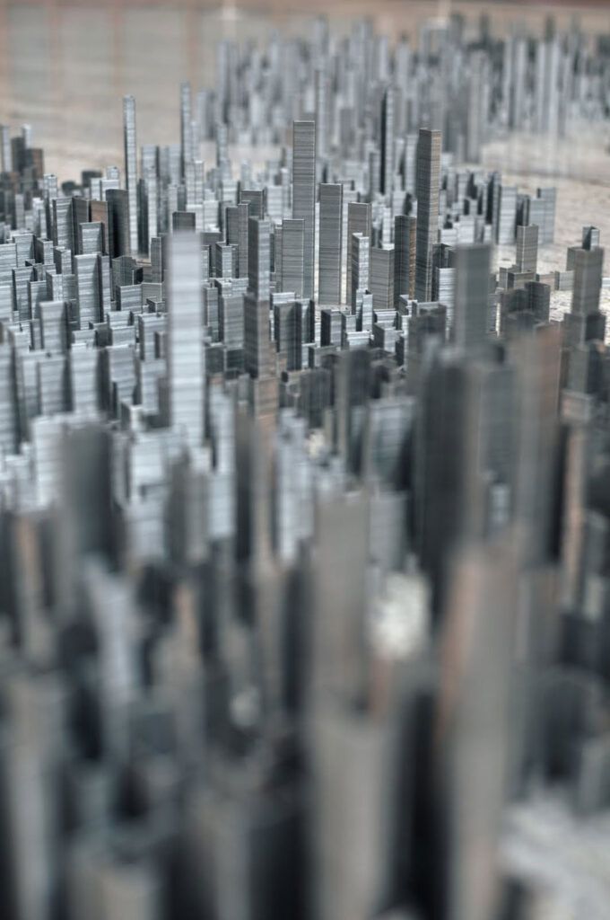 Miniature model city made of staples by Peter Root detail