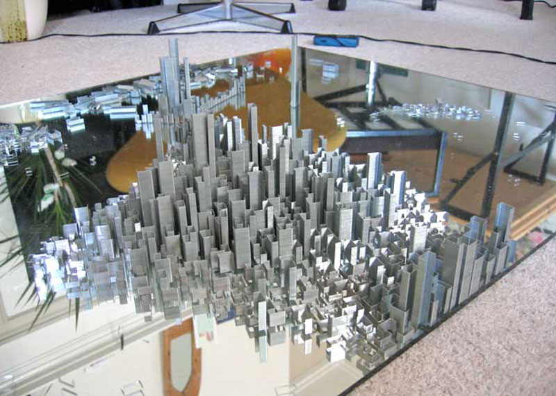 Miniature model city made of staples by Peter Root