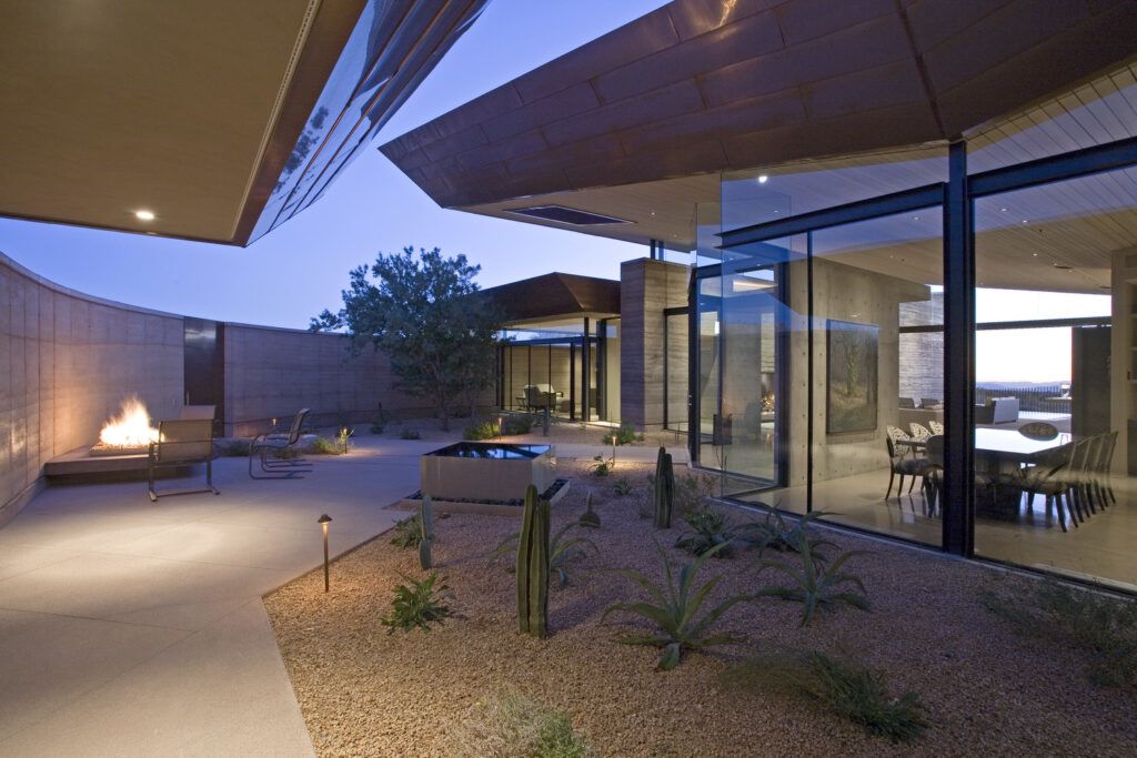 Modern rammed earth house courtyard