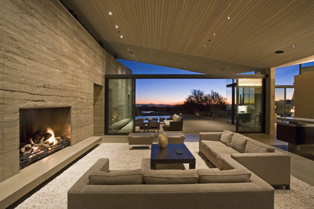 Modern rammed earth house living room