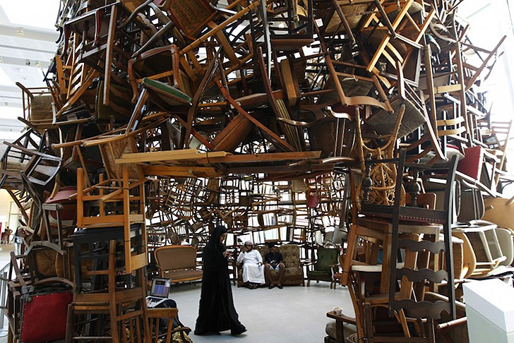 Tadashi Kawamata upcycled wood sculpture chairs for abu dhabi