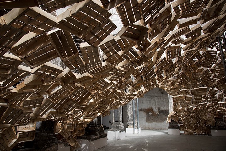 Tadashi Kawamata upcycled wood sculpture overhead