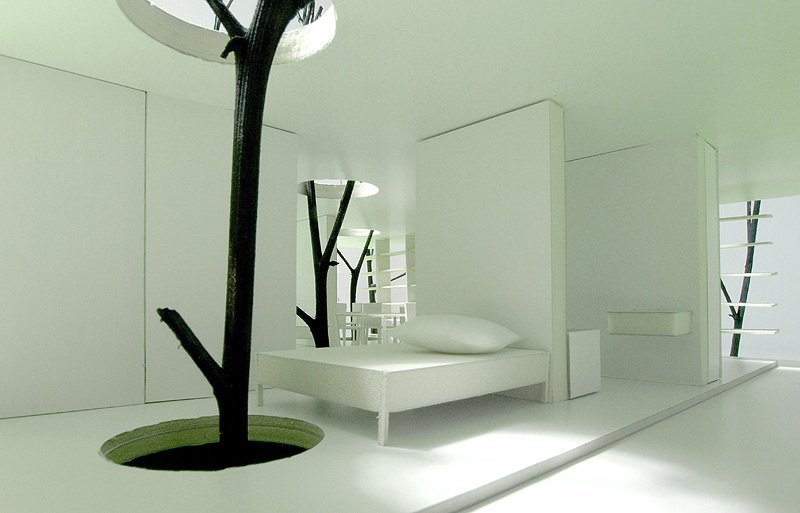 Scale model bedroom with trees