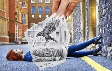 Ben Heine Pencil vs Camera raven and key