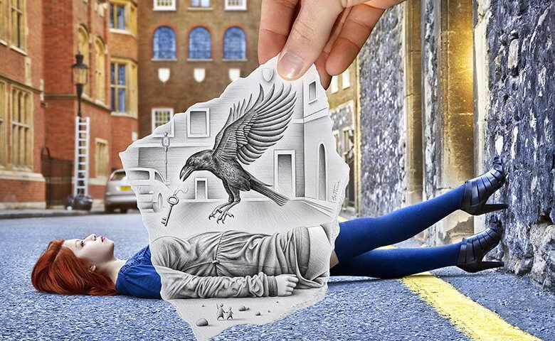 Ben Heine Pencil vs Camera raven and key