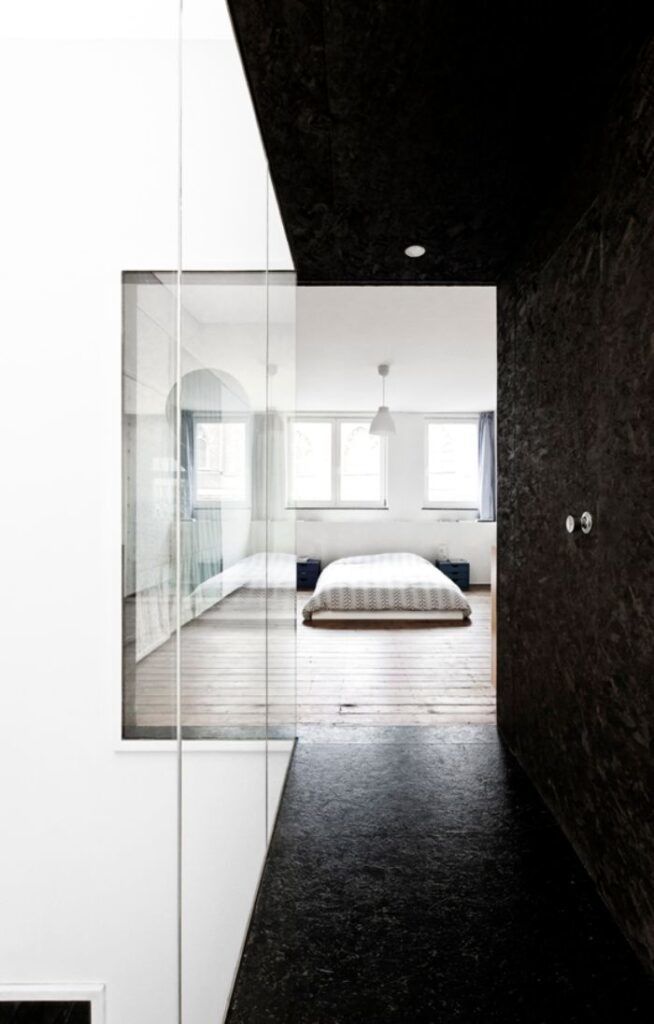 Black and white interior design Fiat Lux bedroom