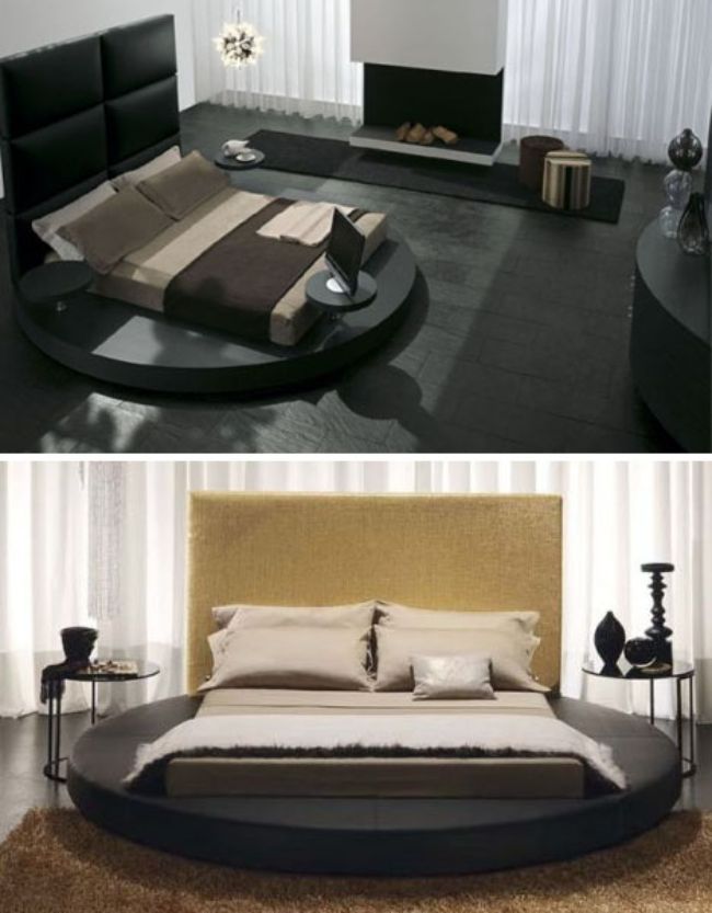 round bed in a black bedroom
