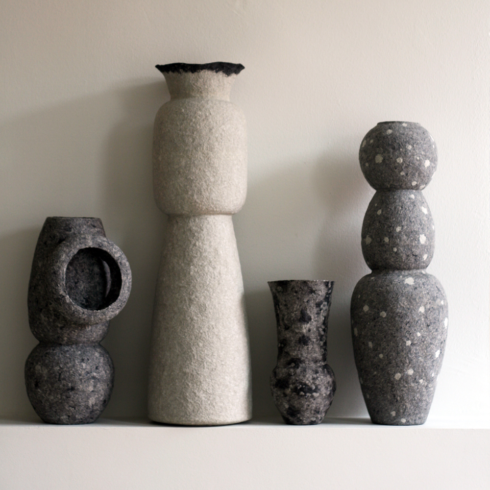 Recycled paper pulp objects Debbie Wijskamp vases