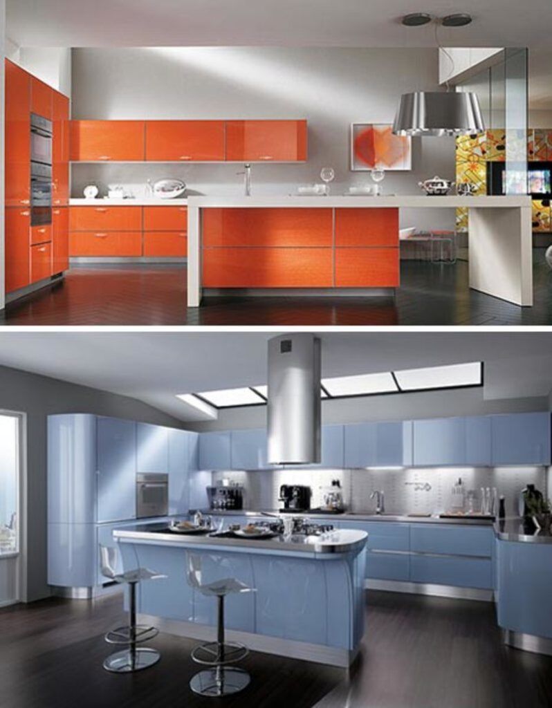 orange and blue kitchens