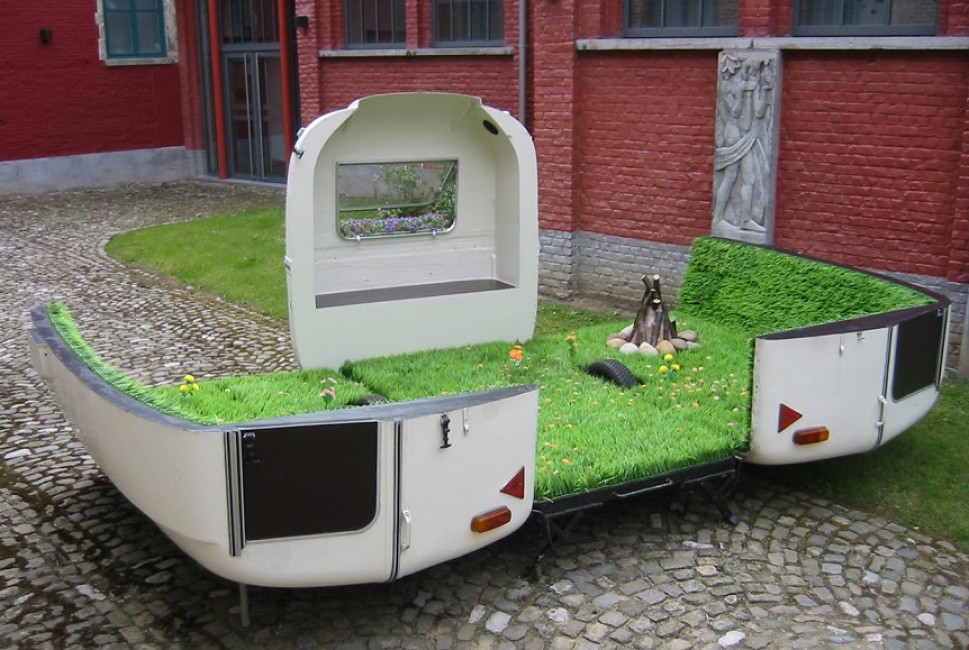 Bus converted to a transforming public park