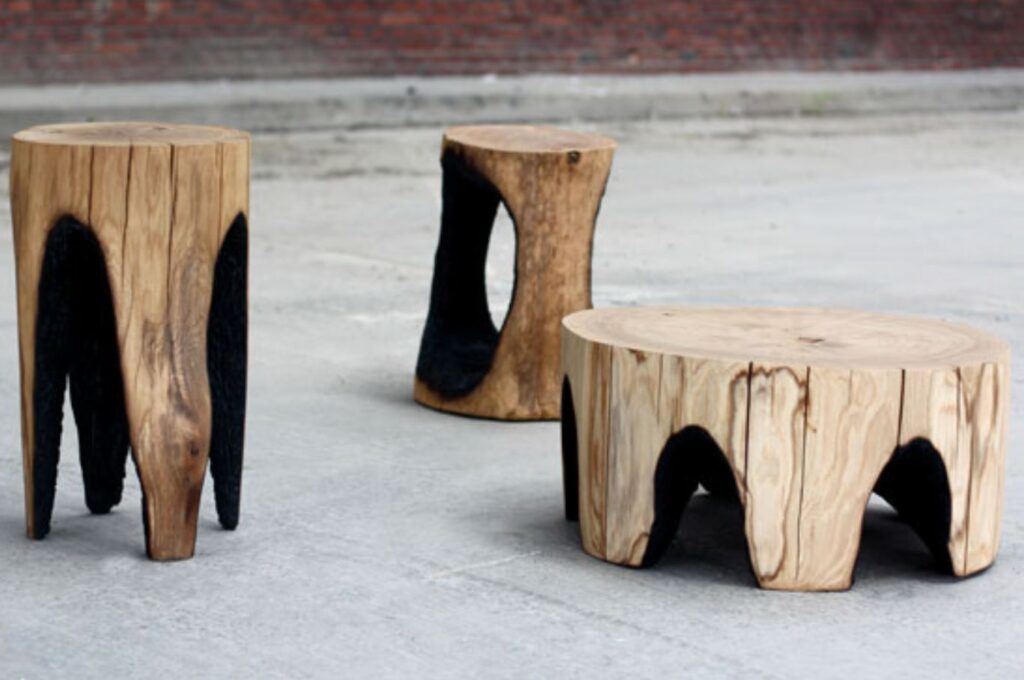 Log stools created by burning