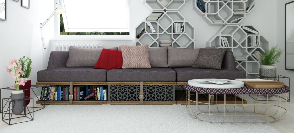 Younes Duret Soukna Floating sofa with built-in bookcase