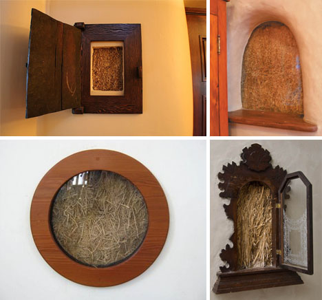 A comparison of four "truth doors," all of which reveal the hidden straw bale structures of homes. 
