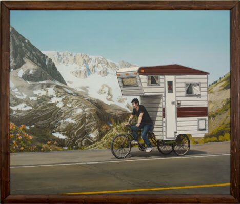 kevin cyr camper bike painting on the road