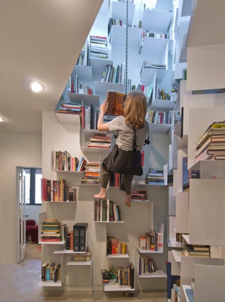 Sallie Trout climbing harness bookshelves
