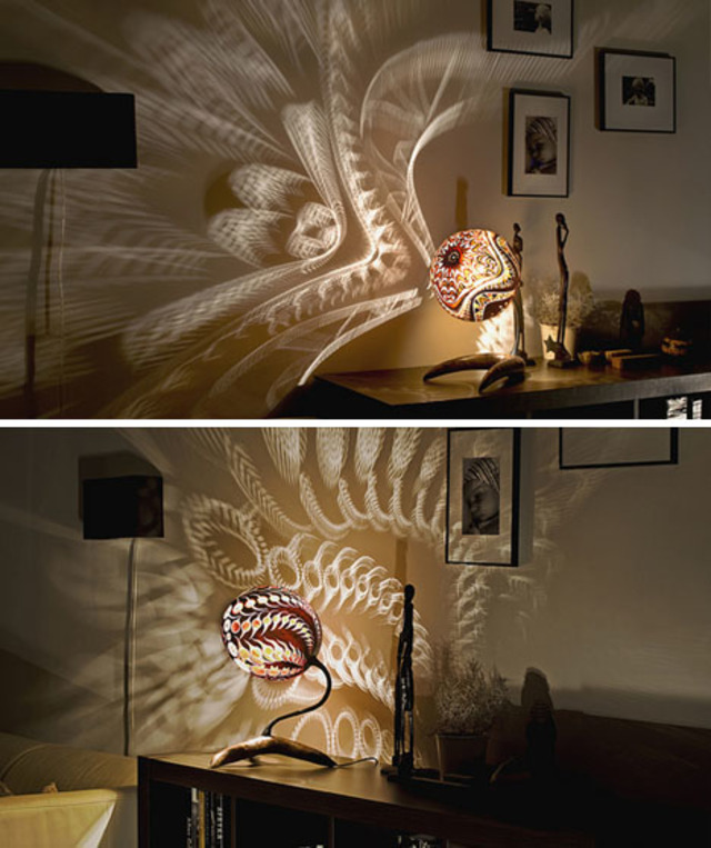 Etched gourd lamps cast shadows