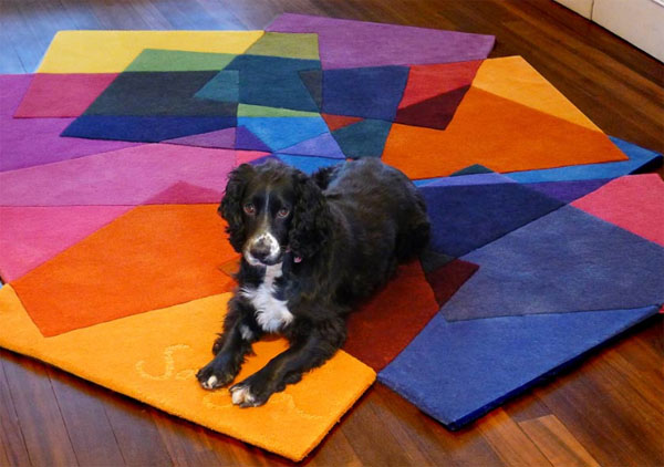 Dog on a colorful rug