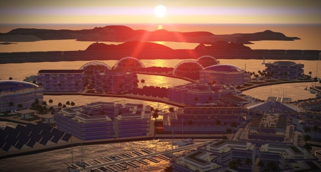 Seasteading Institute Floating Cities at susnset