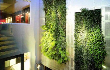 Urban home with vertical gardens stairs greenery