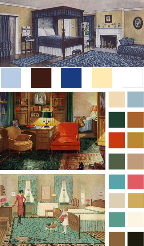 6 color palettes based on early 1900s vintage bedrooms