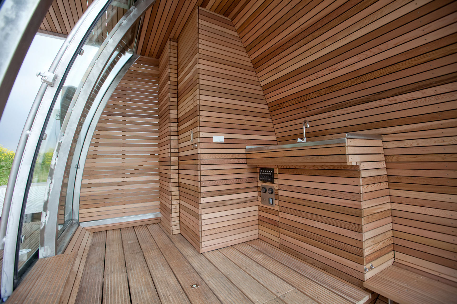 Wood-lined floating cabin