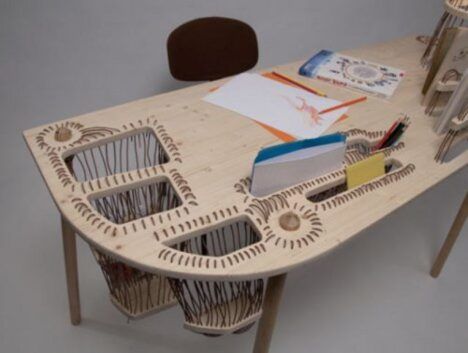 wood desk held together with string