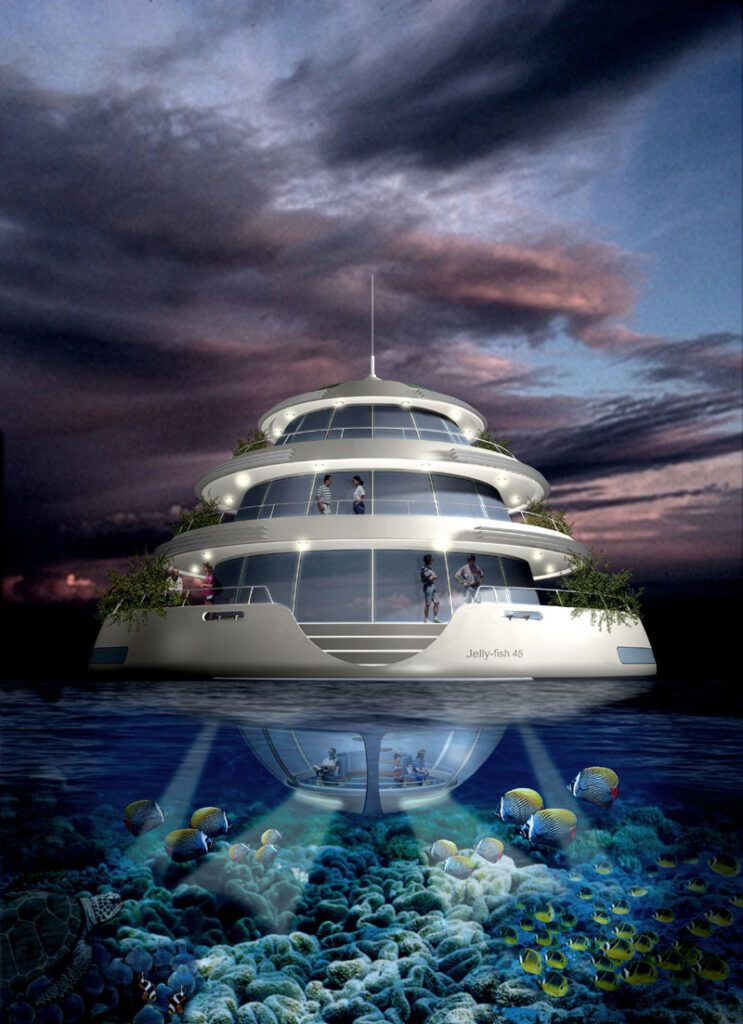Futuristic floating home Trilobis front