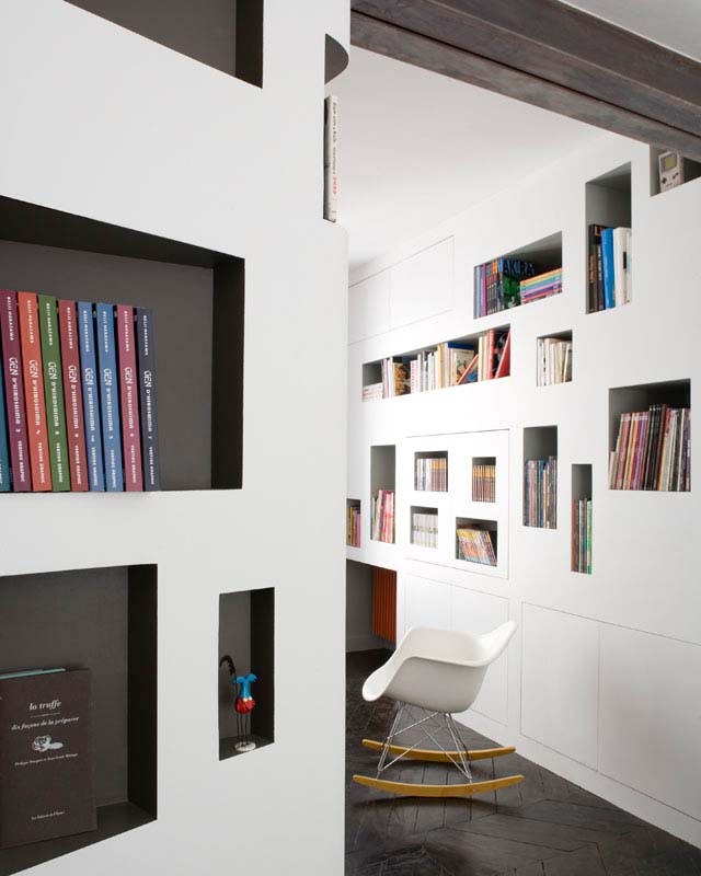 Paris Apartment with movable walls storage cubbies