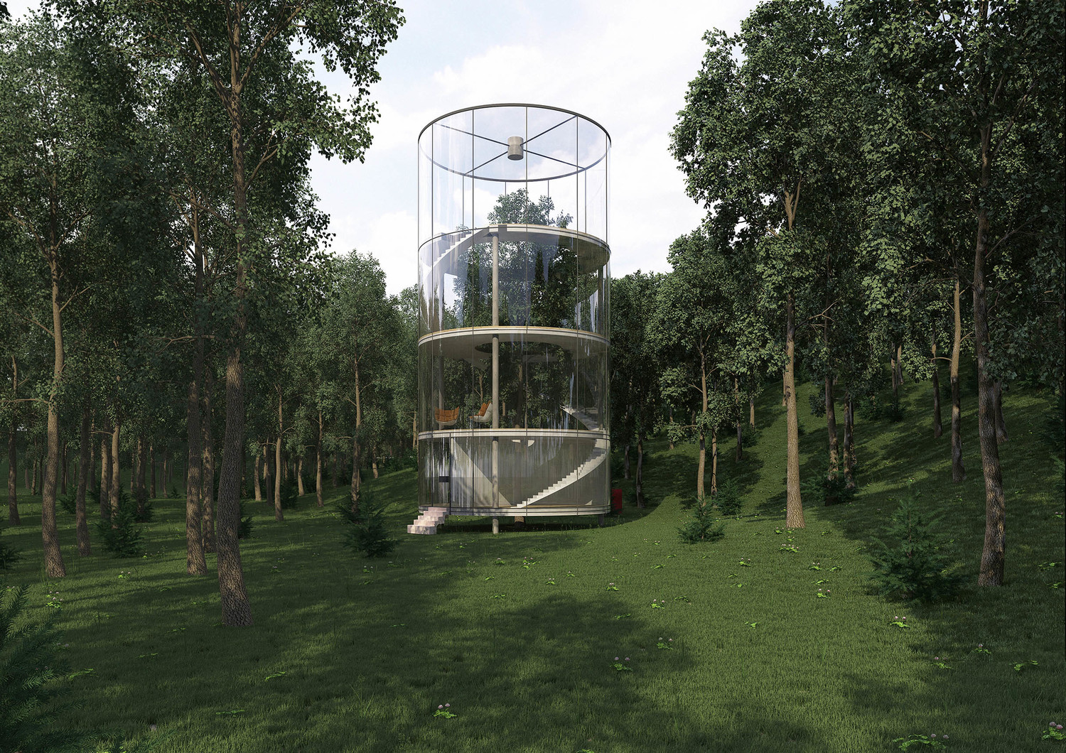 glass spiraling house in the forest