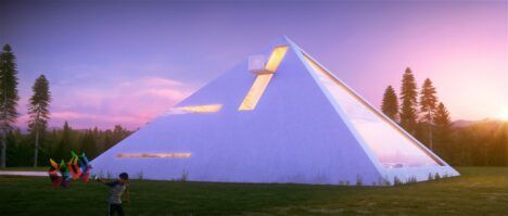 Futuristic pyramid house from back