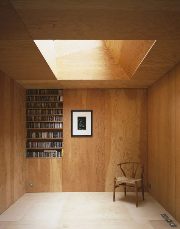 timber lined room with skylight