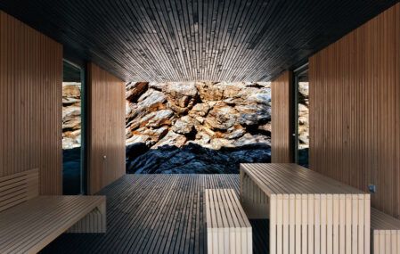 Modern cabin in a quarry built in seating