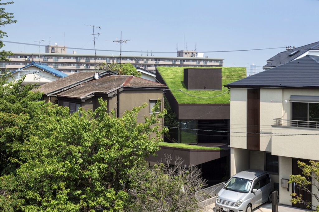 Cave-like home with green roofs view in neighborhood