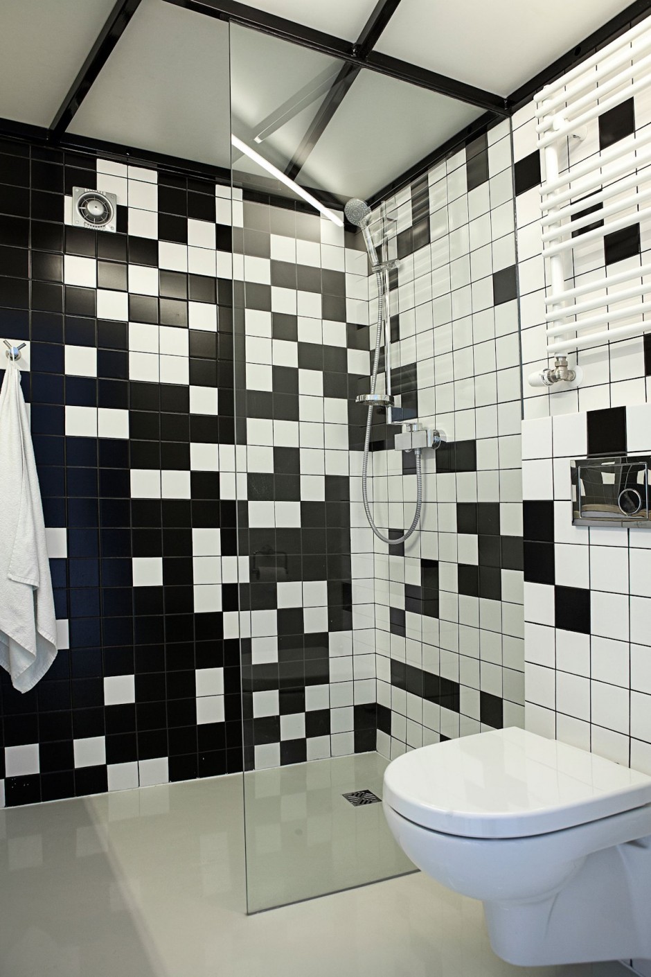 Black and white tiled bathroom