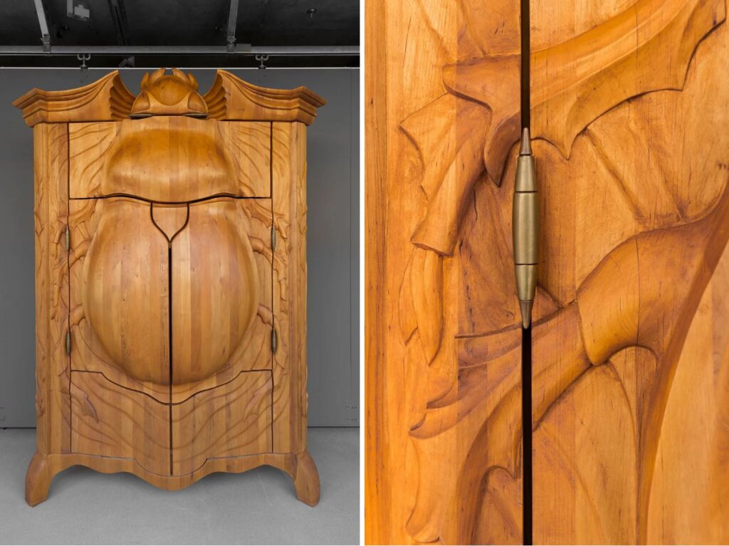 Beetle hand-carved wooden armoire detail hinges