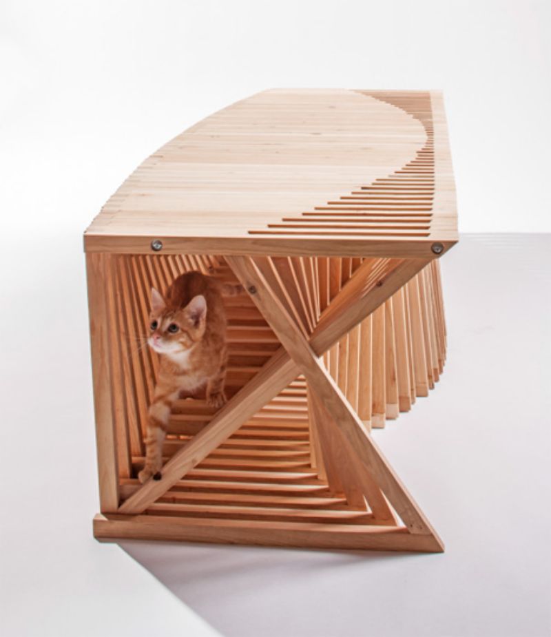 Designer cat houses Architects for Animals wood bench with cat