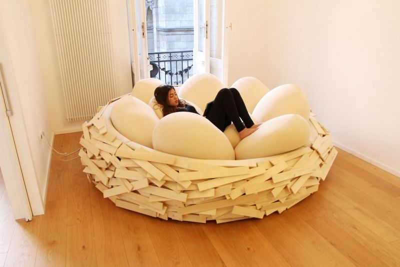 Fun bird nest bed with egg pillows